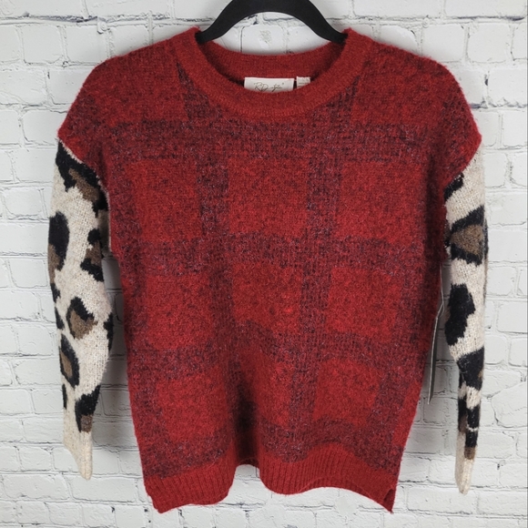 RD STYLE | crewneck windowpane plaid leopard animal print sweater - Picture 2 of 9